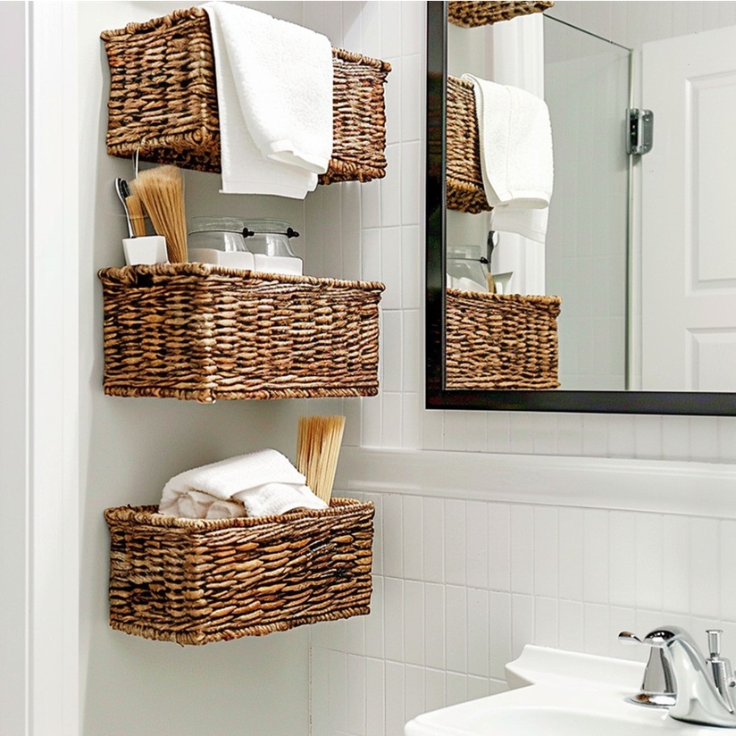 using baskets as shelves in bathroom